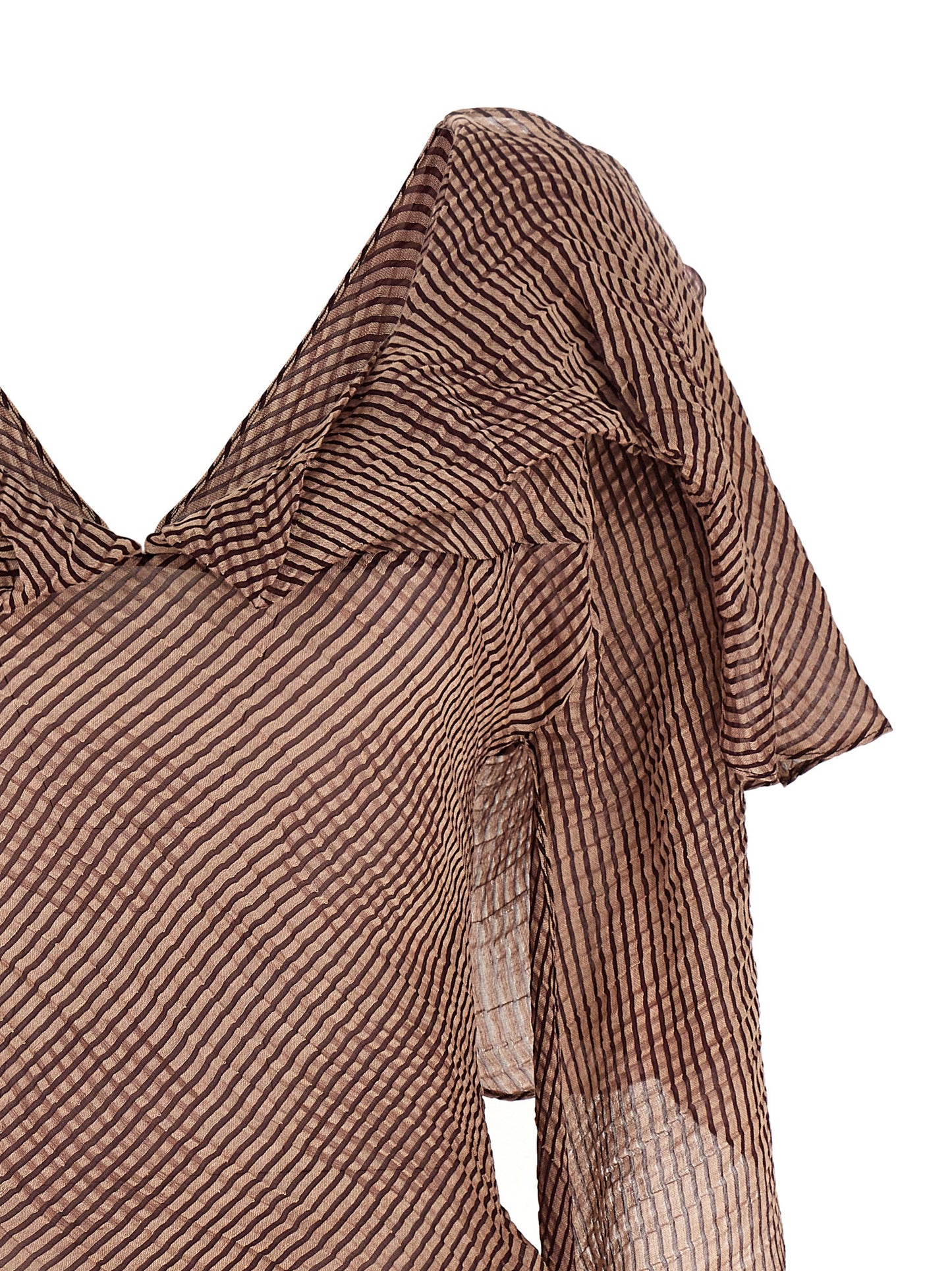 Blouse by Kiko Kostadinov for women in linen & silk bordeaux & striped showcases a sharp silhouette, elegantly detailed with a sharp v-neck shawl-collar neckline and sharp .