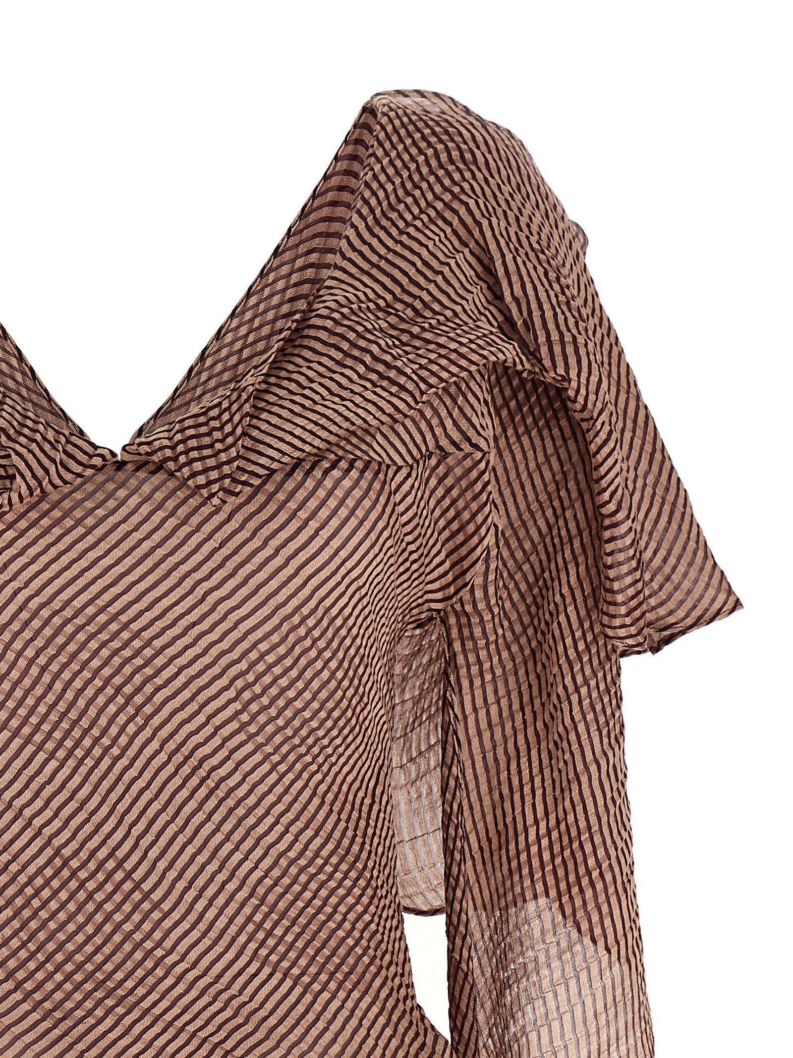 Blouse by Kiko Kostadinov for women in linen & silk bordeaux & striped showcases a sharp silhouette, elegantly detailed with a sharp v-neck shawl-collar neckline and sharp .