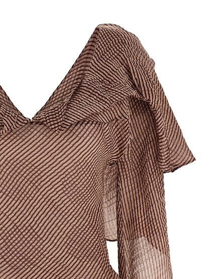 Blouse by Kiko Kostadinov for women in linen & silk bordeaux & striped showcases a sharp silhouette, elegantly detailed with a sharp v-neck shawl-collar neckline and sharp .