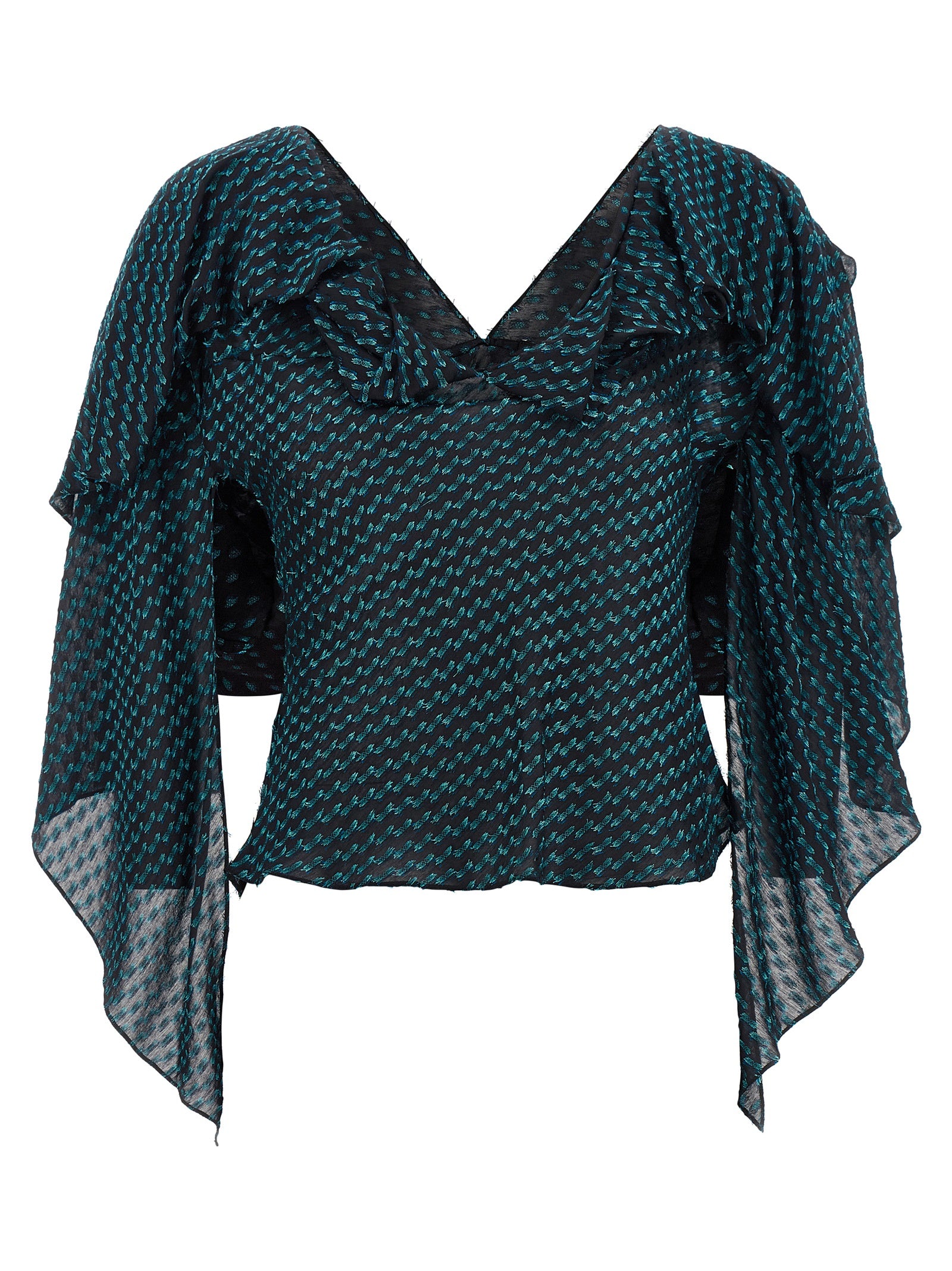 Blouse by Kiko Kostadinov for women in virgin wool & polyester blue & jacquard, featuring a nuanced and nuanced v-neck shawl-collar neckline for a sophisticated finish.