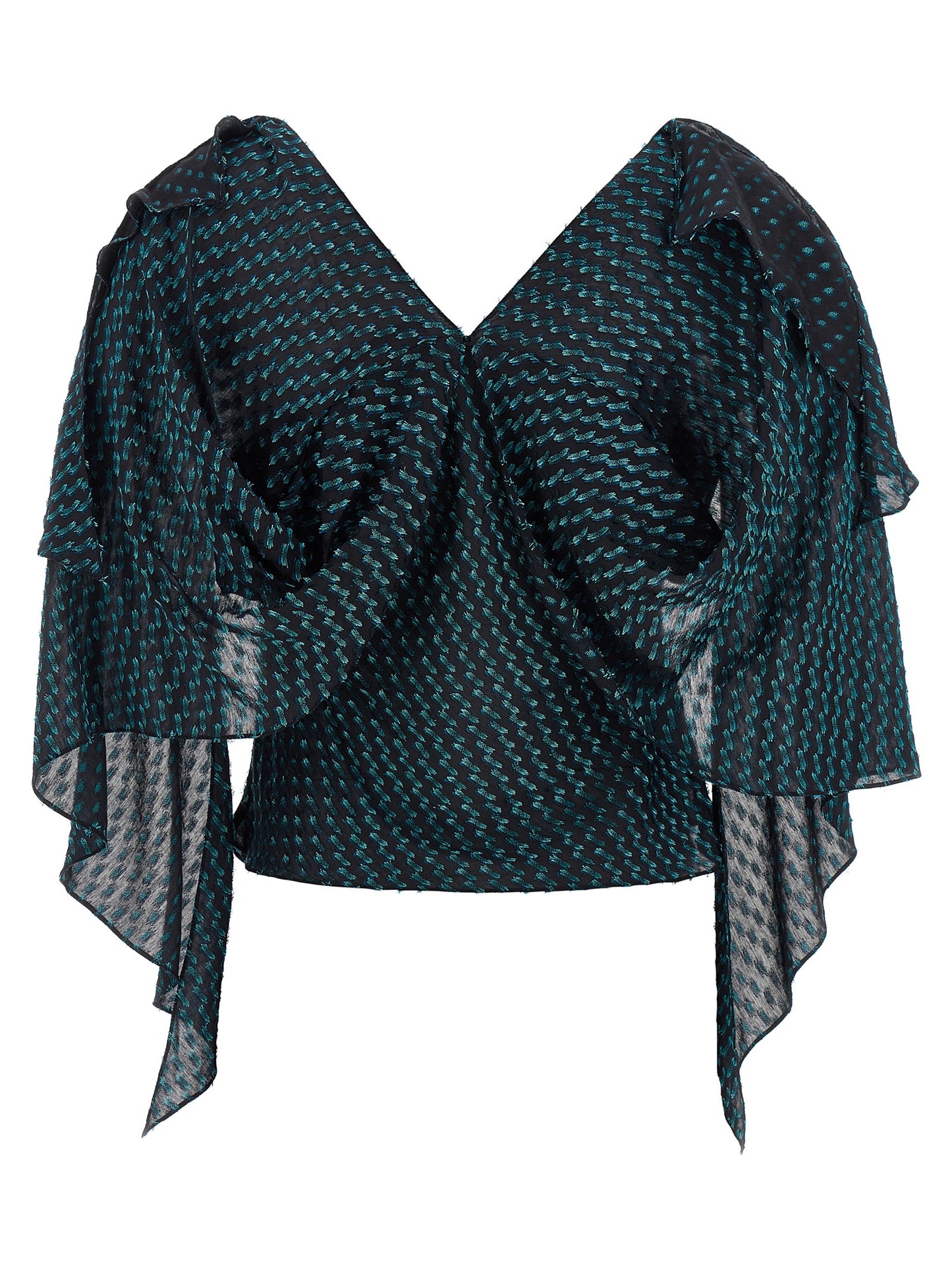 Blouse by Kiko Kostadinov for women in virgin wool & polyester blue & jacquard showcases a sublime silhouette, artfully detailed with a sublime v-neck shawl-collar neckline and for a sophisticated, sublime finish.