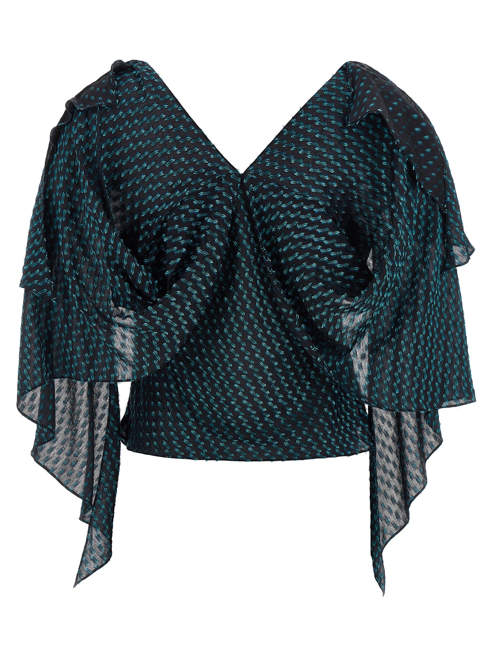 Blouse by Kiko Kostadinov for women in virgin wool & polyester blue & jacquard showcases a sublime silhouette, artfully detailed with a sublime v-neck shawl-collar neckline and for a sophisticated, sublime finish.