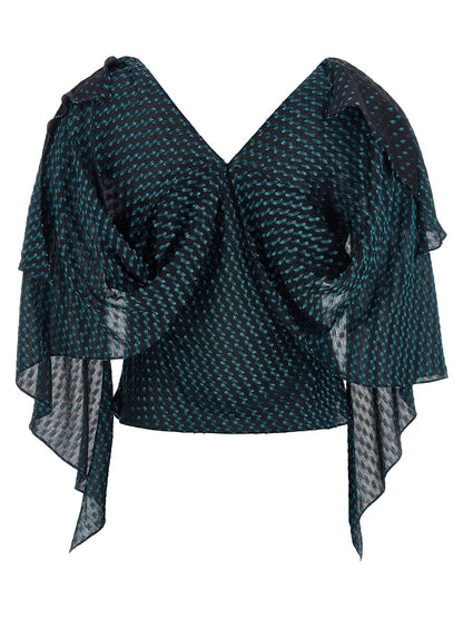 Blouse by Kiko Kostadinov for women in virgin wool & polyester blue & jacquard showcases a sublime silhouette, artfully detailed with a sublime v-neck shawl-collar neckline and for a sophisticated, sublime finish.