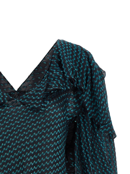 Blouse by Kiko Kostadinov for women in virgin wool & polyester blue & jacquard showcases a sleek silhouette, elegantly detailed with a sleek v-neck shawl-collar neckline and for a sleek finish.
