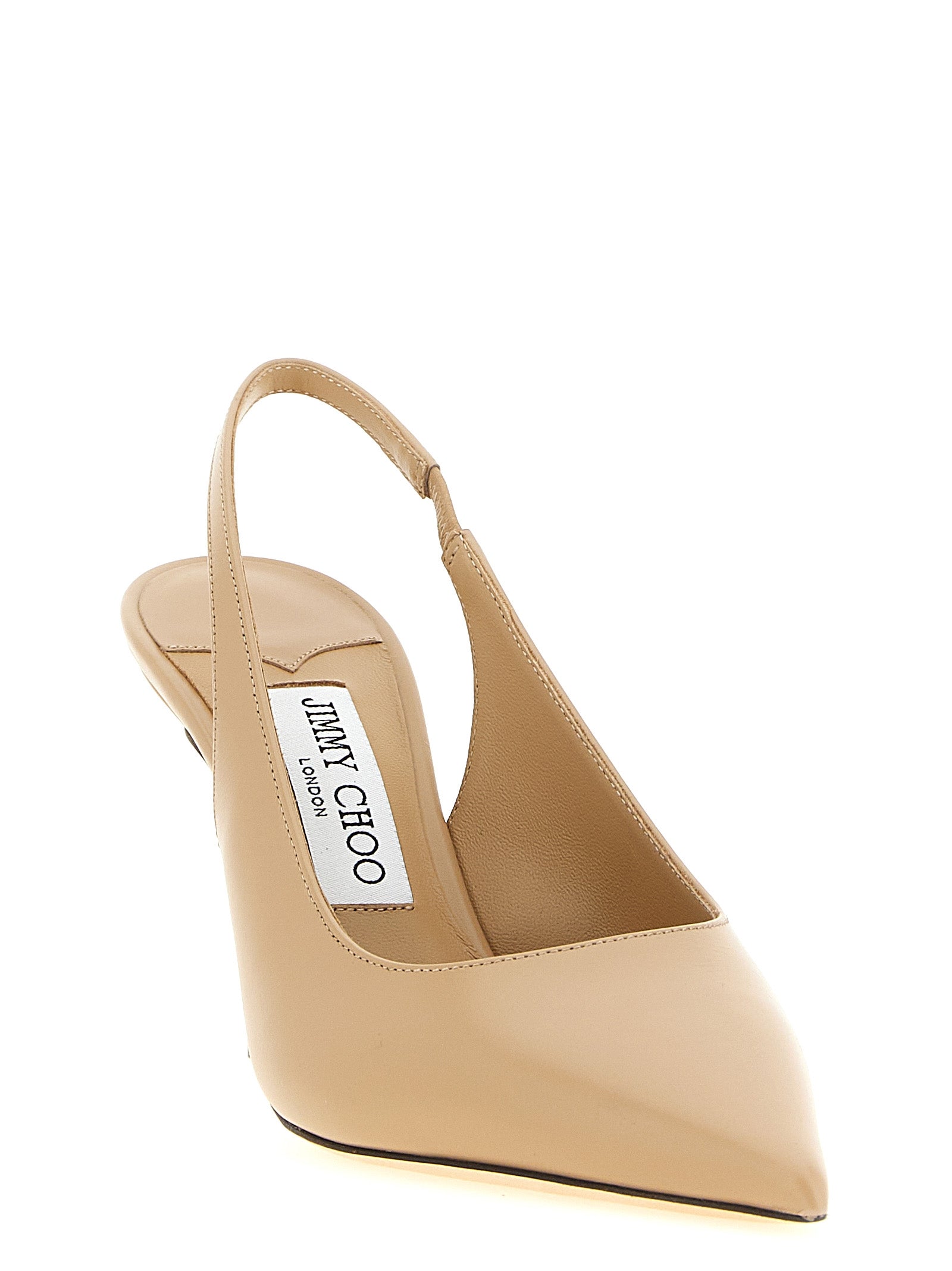 High-Heel Stiletto Slingback Pumps Heels by Jimmy Choo for women in leather & satin beige features an effortlessly chic silhouette from the Women's Leather & Satin High-Heel Stiletto Slingback Pumps Heels collection, showcasing a stiletto high-heel and effortlessly chic pointed toe style for a effortlessly chic look.