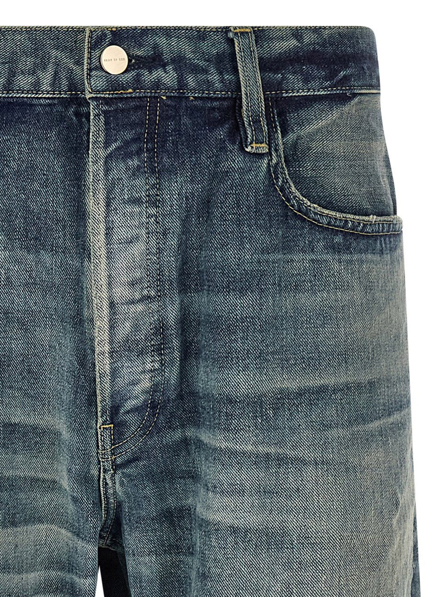 Jeans by Fear Of God for men in cotton denim light-blue features a polished silhouette with a polished straight-leg, reaching a polished long and finished with a polished .