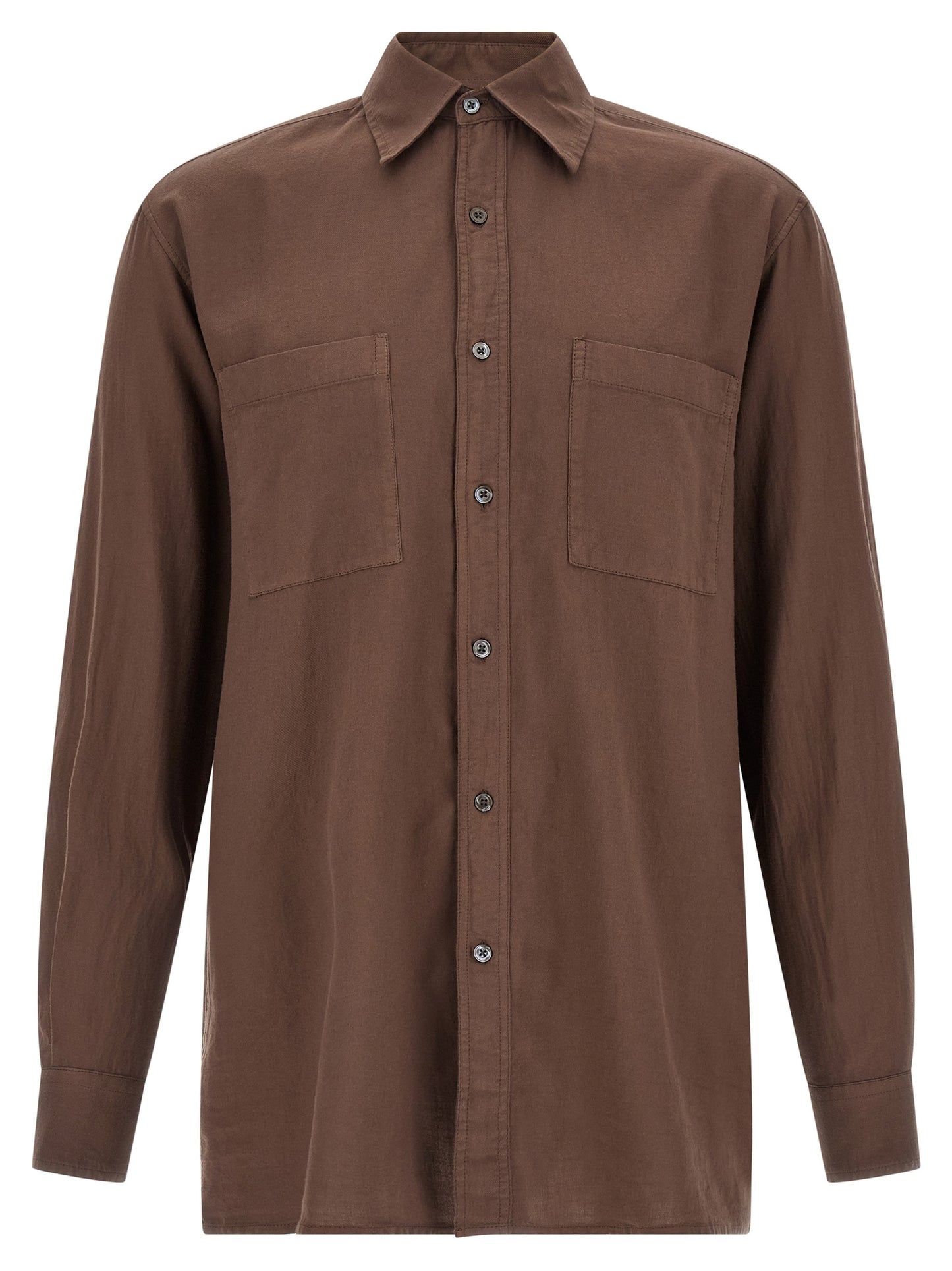 Shirt by CELLAR DOOR for men in cotton brown showcases a sharp silhouette, elegantly detailed with a sharp and sharp long-sleeve.
