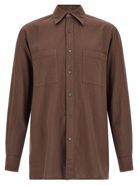 Shirt by CELLAR DOOR for men in cotton brown showcases a sharp silhouette, elegantly detailed with a sharp and sharp long-sleeve.
