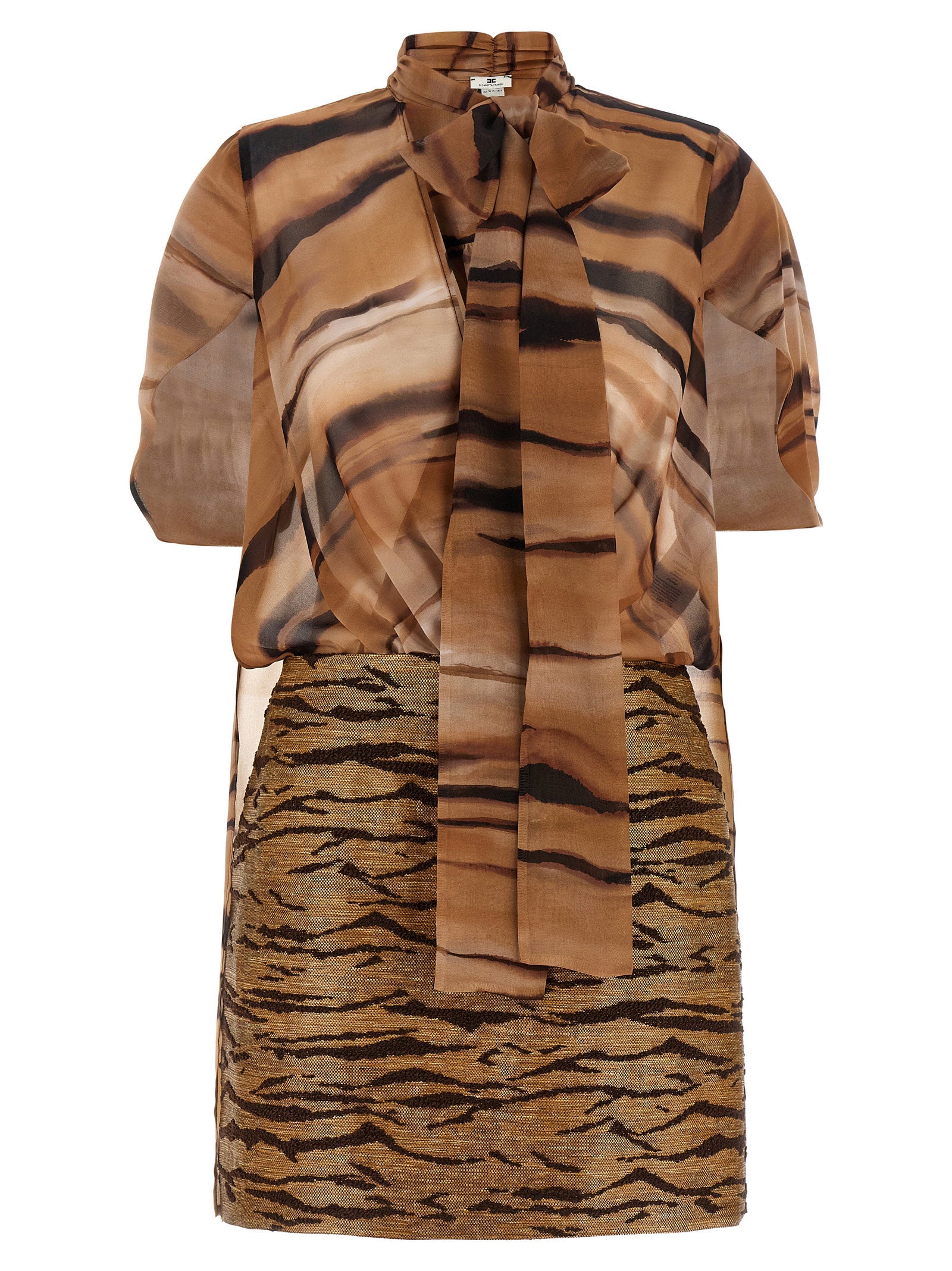Dress by Elisabetta Franchi for women in raffia polyester chiffon animal, brown & print features an cute silhouette, detailed with a short-sleeve and v-neck neckline that elegantly flows into a cute short mini.