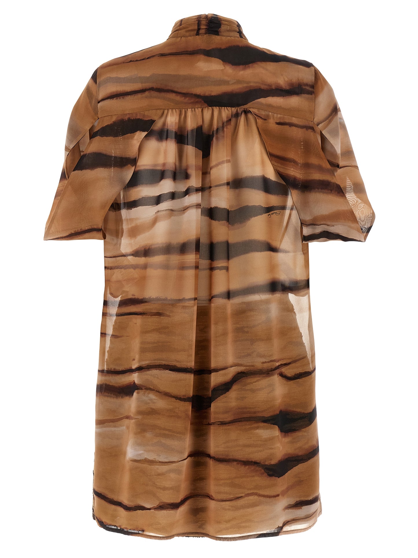 Dress by Elisabetta Franchi for women in raffia polyester chiffon animal, brown & print showcases a striking silhouette, elegantly detailed with a , refined v-neck neckline, and a striking short mini for a striking finish.