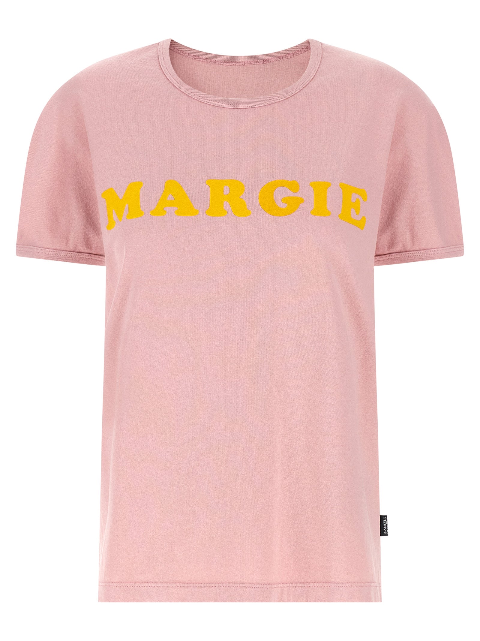 T-Shirt by MM6 Maison Margiela for women in cotton multicolor, pink, white, signature & print showcases a unassuming silhouette, artfully detailed with a refined crew neckline and unassuming short-sleeve for a sophisticated, contemporary look.