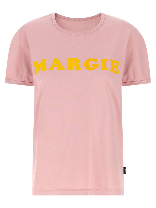T-Shirt by MM6 Maison Margiela for women in cotton multicolor, pink, white, signature & print showcases a unassuming silhouette, artfully detailed with a refined crew neckline and unassuming short-sleeve for a sophisticated, contemporary look.