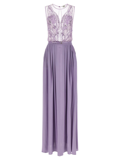 Dress by Elisabetta Franchi for women in vinyl viscose & sequins purple & red features an eye catching silhouette with a sophisticated , elegant sleeveless, and a refined long for a eye catching aesthetic.