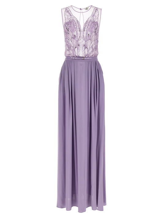 Dress by Elisabetta Franchi for women in vinyl viscose & sequins purple & red features an eye catching silhouette with a sophisticated , elegant sleeveless, and a refined long for a eye catching aesthetic.