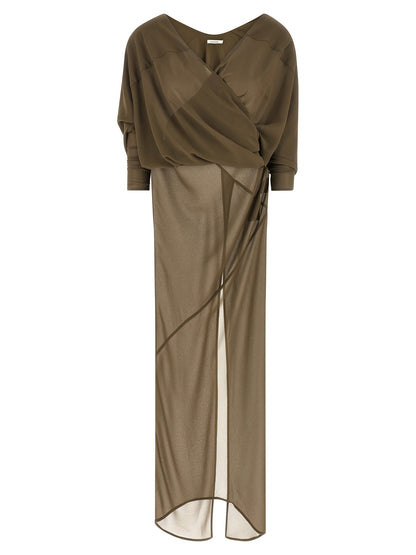 Dress by Entire Studios for women in polyester bicolour, green & transparent features an magnificent silhouette, artfully detailed with a magnificent v-neck split neckline and long-sleeve that flows into an magnificent long.