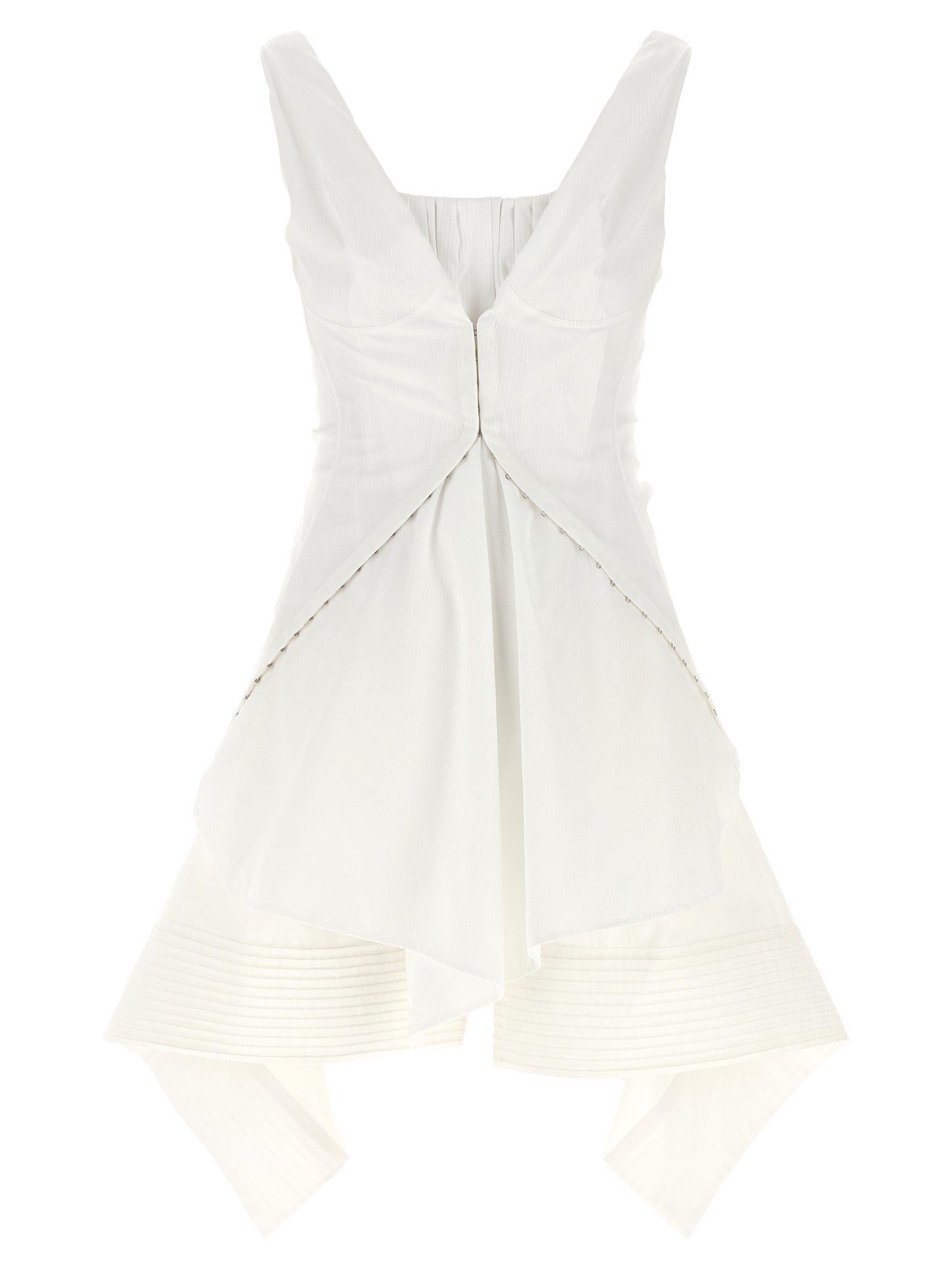 Dress by Alexander McQueen for women in cotton white & striped features an cute silhouette, detailed with a sleeveless and square neckline that elegantly flows into a cute short mini.