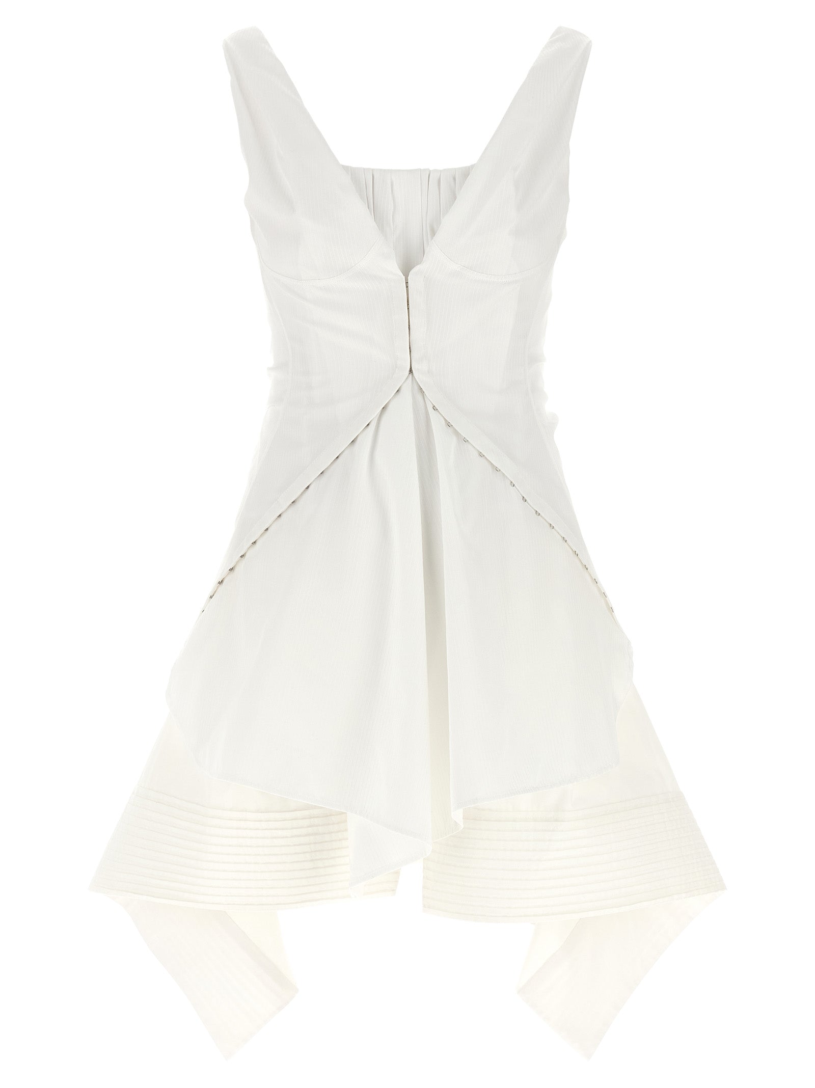 Dress by Alexander McQueen for women in cotton white & striped features an cute silhouette, detailed with a sleeveless and square neckline that elegantly flows into a cute short mini.