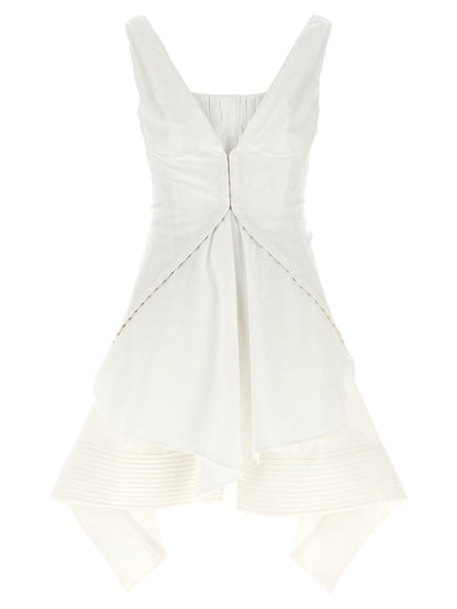 Dress by Alexander McQueen for women in cotton white & striped features an cute silhouette, detailed with a sleeveless and square neckline that elegantly flows into a cute short mini.