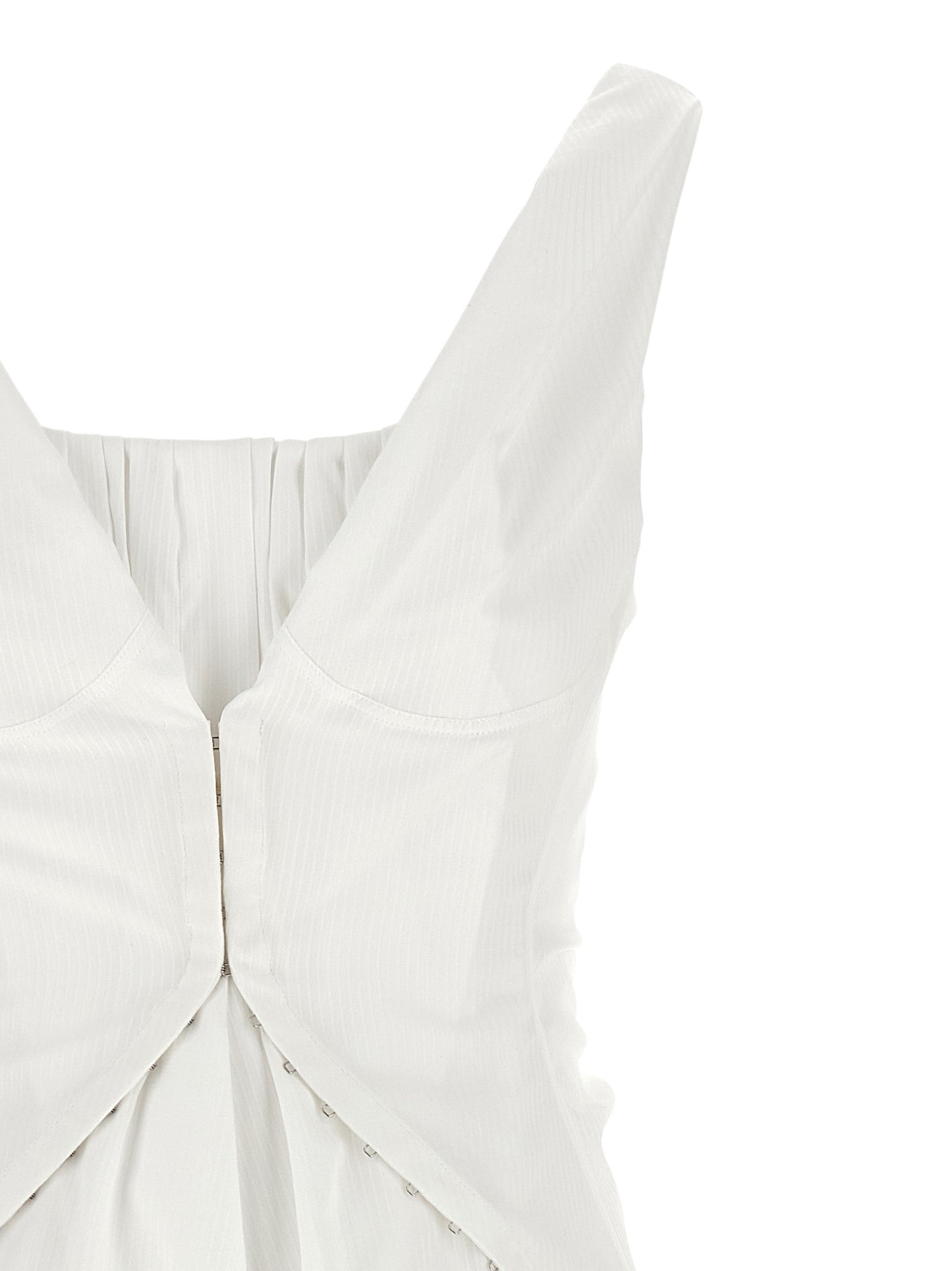 Dress by Alexander McQueen for women in cotton white & striped features an sultry silhouette defined by a square neckline and , falling to an sultry short mini for a sultry look.