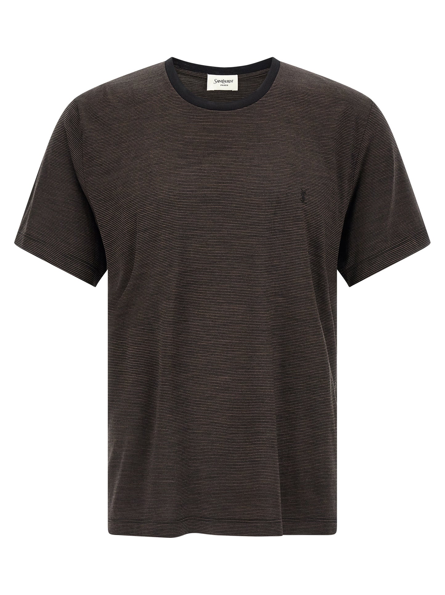 T-Shirt by Saint Laurent for men in wool brown & striped features an on trend silhouette, perfectly showcasing a on trend short-sleeve and crew neckline for an elevated aesthetic.