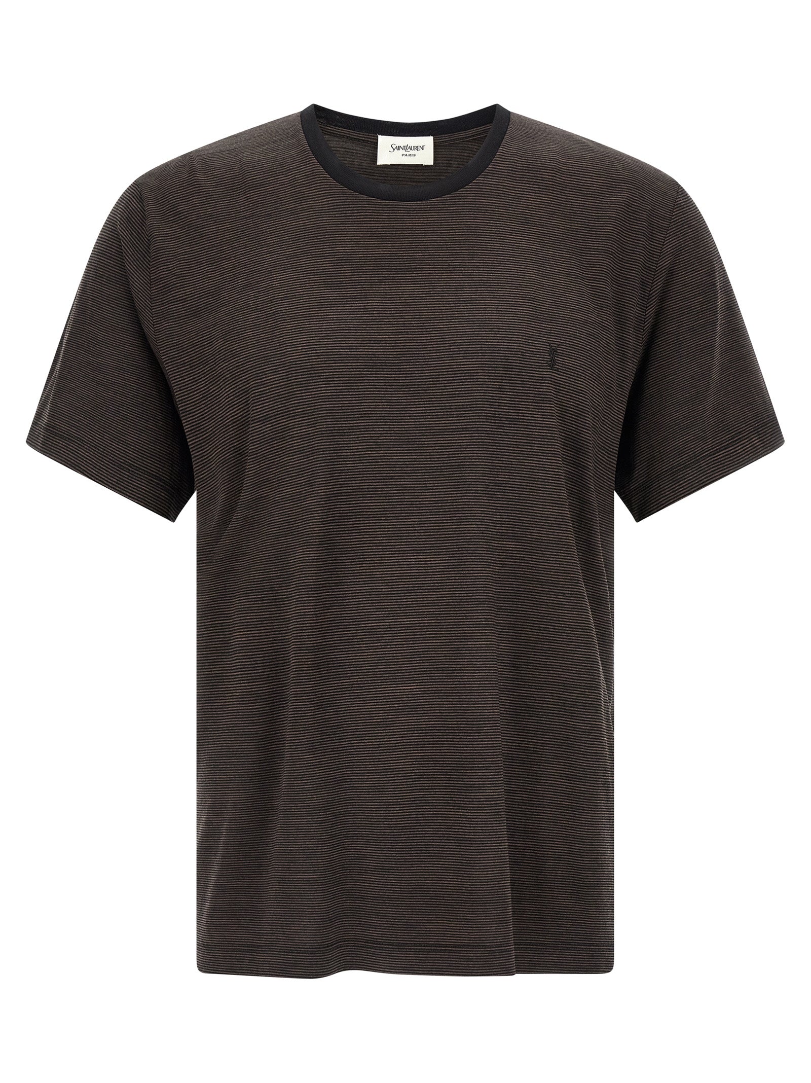 T-Shirt by Saint Laurent for men in wool brown & striped features an on trend silhouette, perfectly showcasing a on trend short-sleeve and crew neckline for an elevated aesthetic.