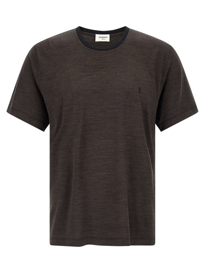 T-Shirt by Saint Laurent for men in wool brown & striped features an on trend silhouette, perfectly showcasing a on trend short-sleeve and crew neckline for an elevated aesthetic.