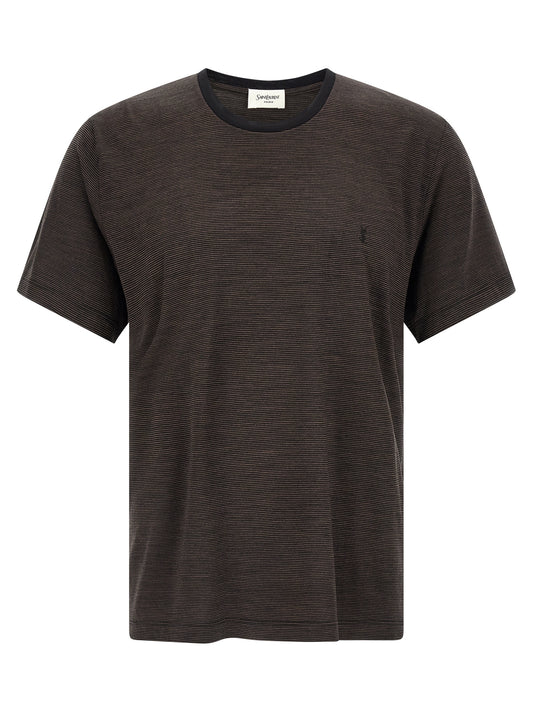 T-Shirt by Saint Laurent for men in wool brown & striped features an on trend silhouette, perfectly showcasing a on trend short-sleeve and crew neckline for an elevated aesthetic.