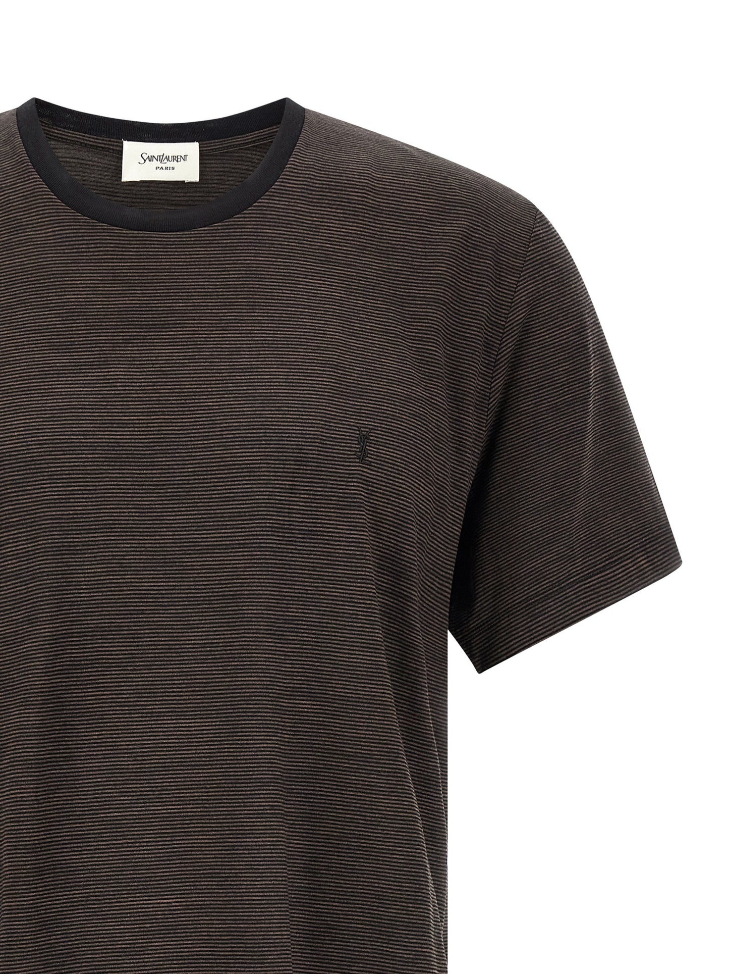 T-Shirt by Saint Laurent for men in wool brown & striped showcases a dramatic silhouette, elegantly detailed with a dramatic and for a truly dramatic finish.