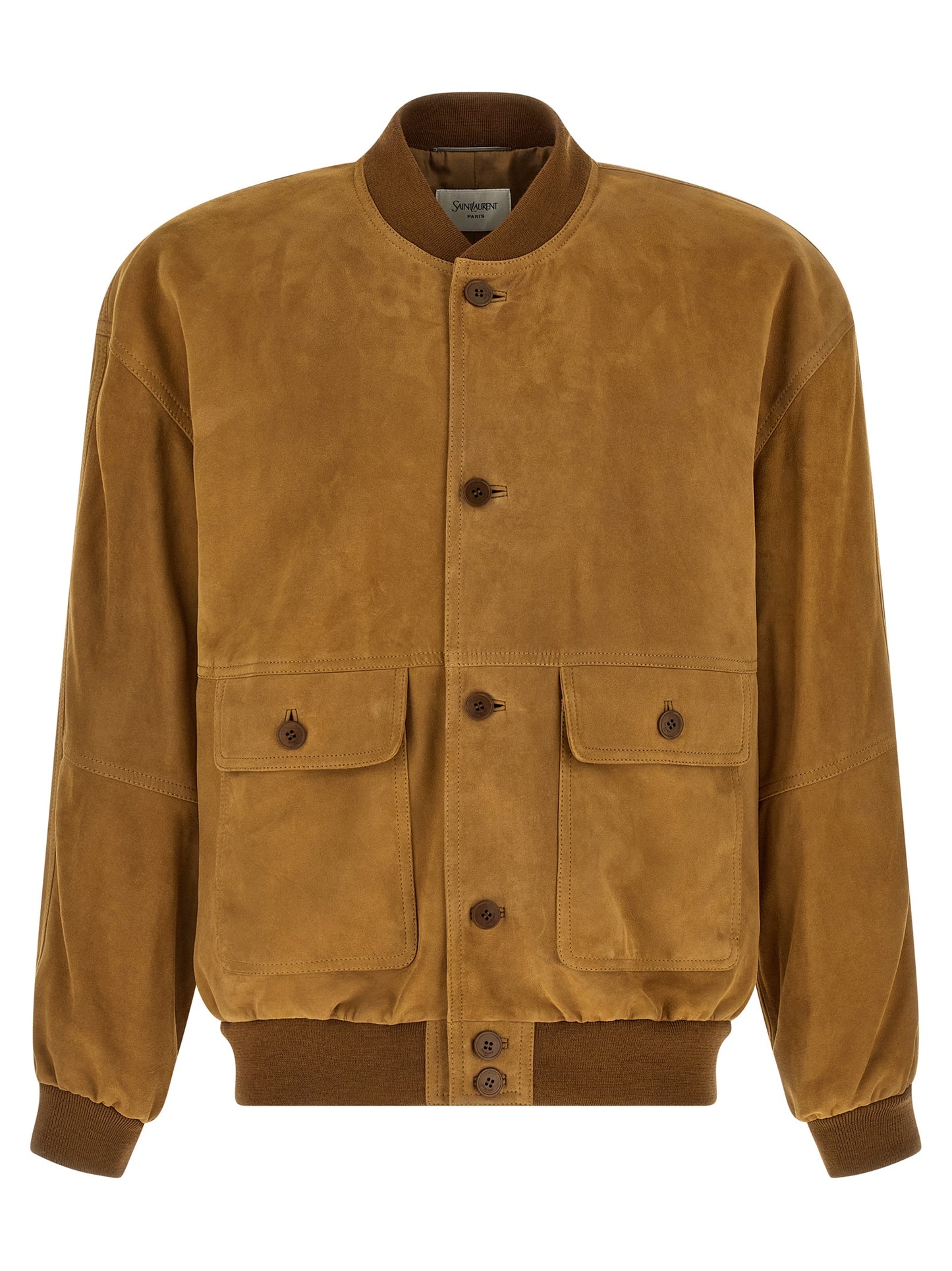 Bomber Jacket by Saint Laurent for men in lamb leather & wool brown & horn features a dramatic silhouette, showcasing a sophisticated and distinctive pockets for a dramatic aesthetic.
