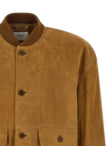 Bomber Jacket by Saint Laurent for men in lamb leather & wool brown & horn presents a effortlessly chic silhouette, showcasing a sophisticated and premium pockets for a truly effortlessly chic finish.