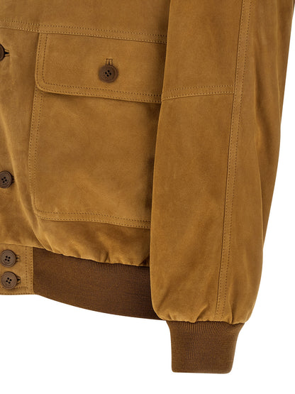 This Bomber Jacket by Saint Laurent for men in lamb leather & wool brown & horn exhibits a edgy silhouette, meticulously detailed with functional pockets and a edgy for a edgy finish.