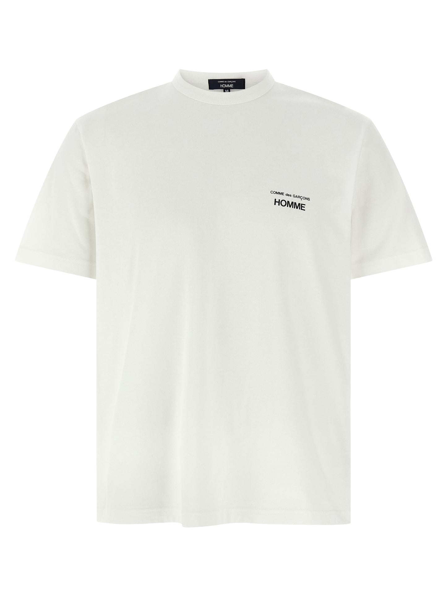 T-Shirt by Comme Des Garçons for men in cotton white & print showcases a unassuming silhouette, artfully detailed with a refined crew neckline and unassuming short-sleeve for a sophisticated, contemporary look.