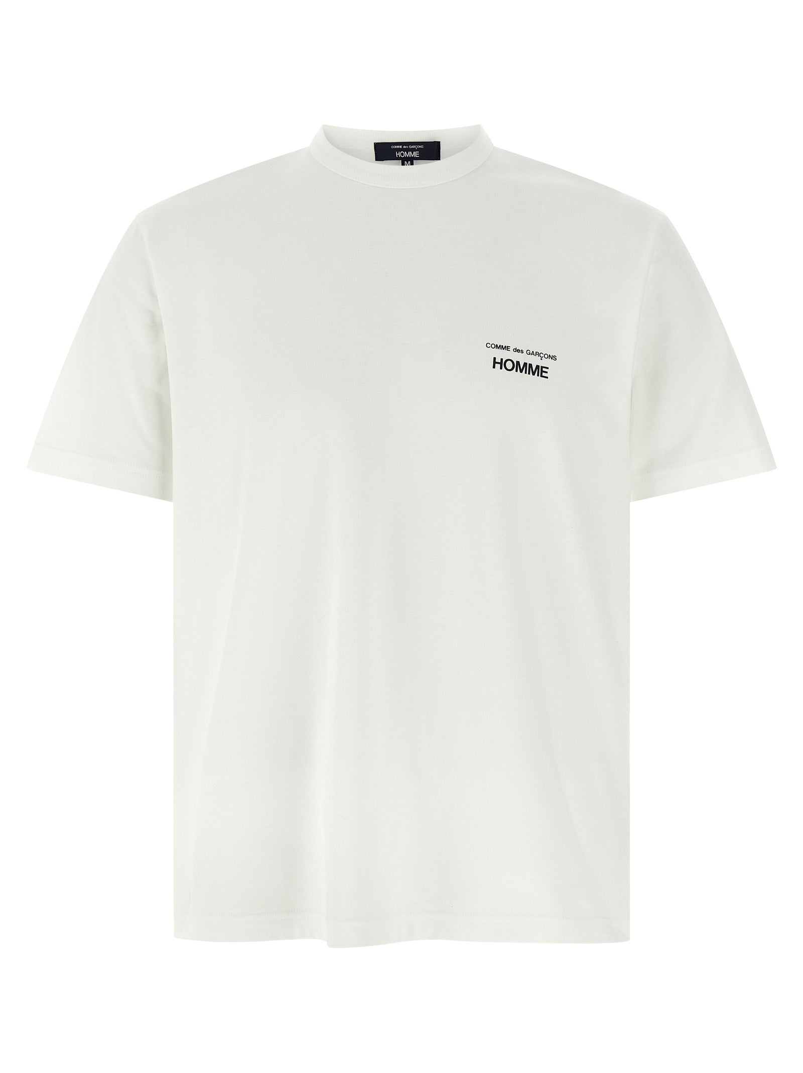 T-Shirt by Comme Des Garçons for men in cotton white & print showcases a unassuming silhouette, artfully detailed with a refined crew neckline and unassuming short-sleeve for a sophisticated, contemporary look.