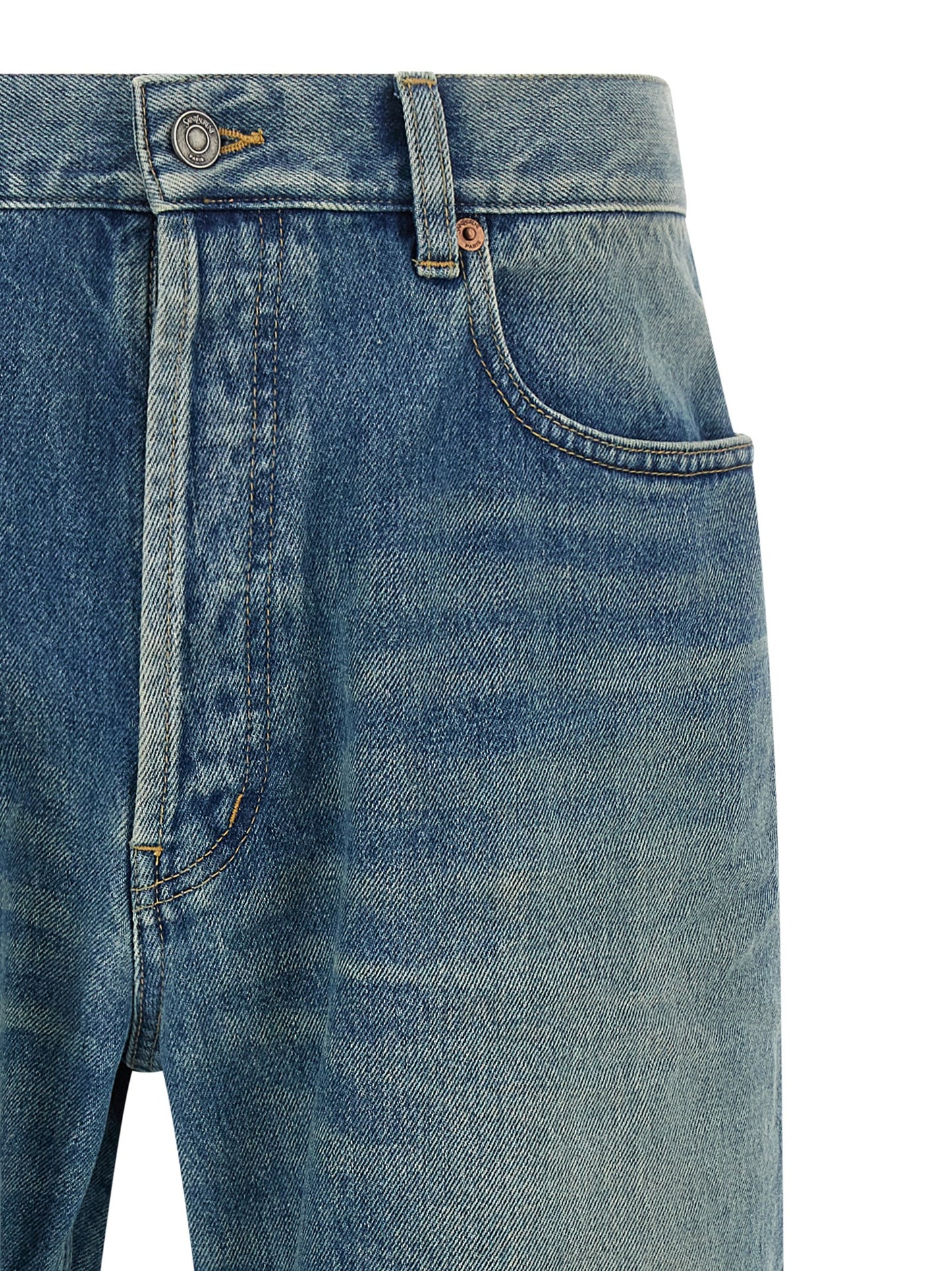 Jeans by Saint Laurent for men in cotton denim blue features a polished silhouette with a polished straight-leg, reaching a polished long and finished with a polished mid rise.