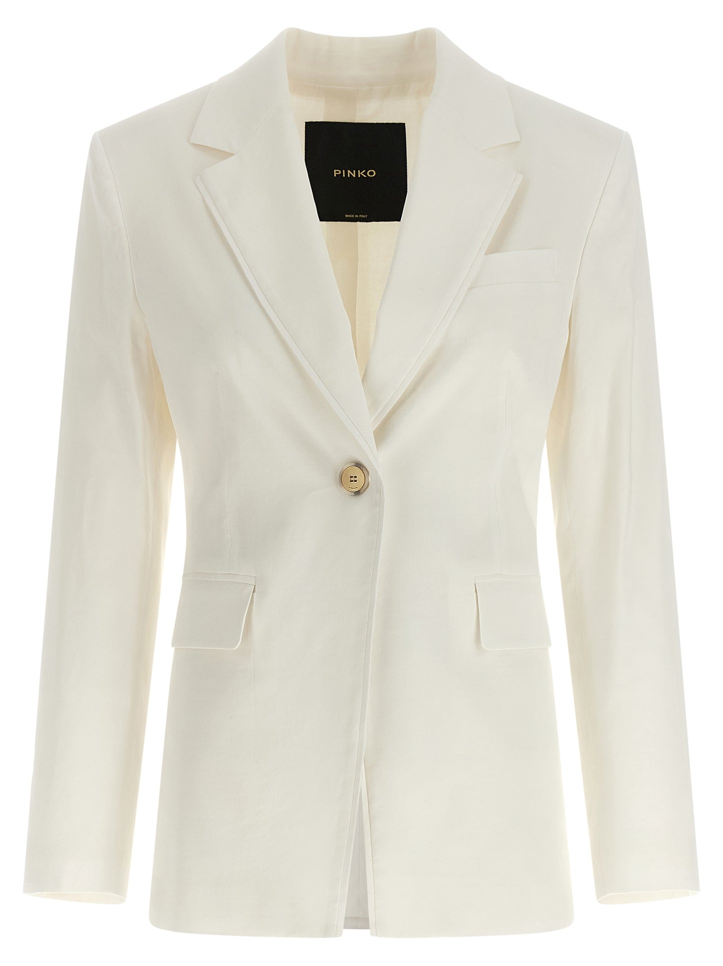 Blazer by PINKO for women in linen cotton & viscose horn & white showcases a polished silhouette, highlighted by a refined and polished for a sophisticated finish.