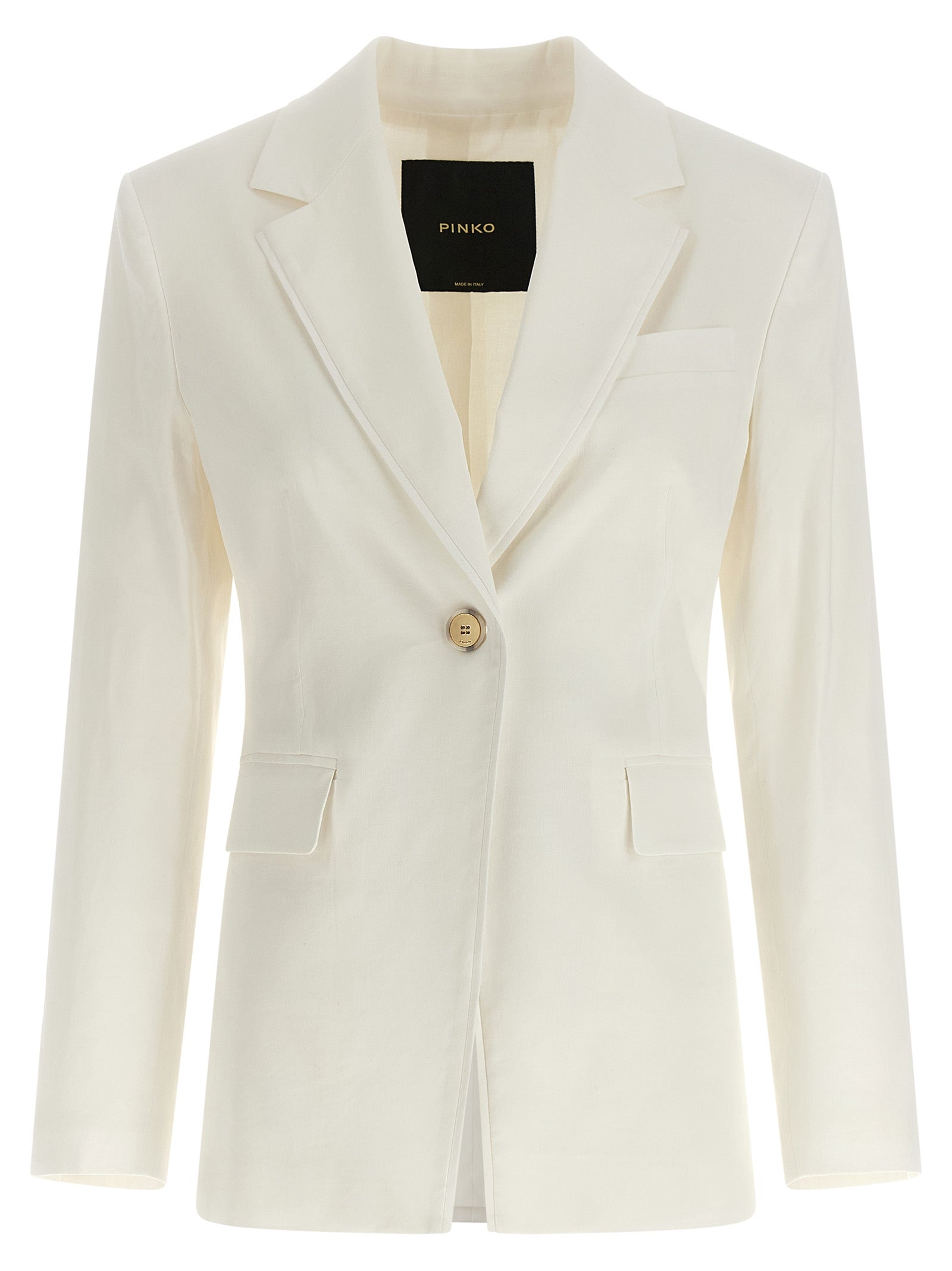 Blazer by PINKO for women in linen cotton & viscose horn & white showcases a polished silhouette, highlighted by a refined and polished for a sophisticated finish.