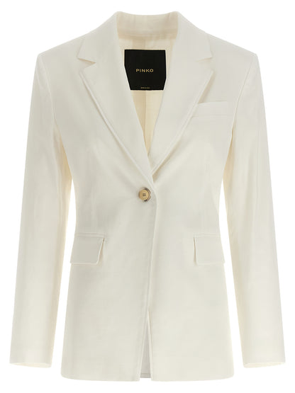 Blazer by PINKO for women in linen cotton & viscose horn & white showcases a polished silhouette, highlighted by a refined and polished for a sophisticated finish.