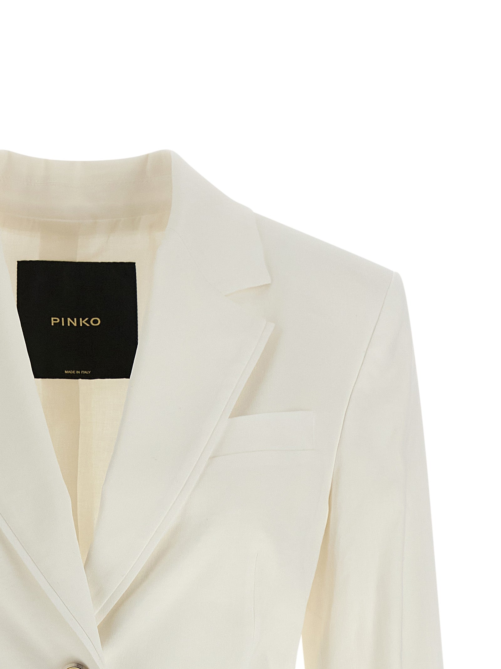 Blazer by PINKO for women in linen cotton & viscose horn & white showcases a discerning silhouette, elegantly detailed with a sophisticated and premium for a truly discerning finish.