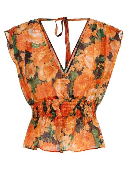 Shirt by PINKO for women in polyamide & lyocell orange, patterned & print, featuring a nuanced and nuanced v-neck neckline for a sophisticated finish.