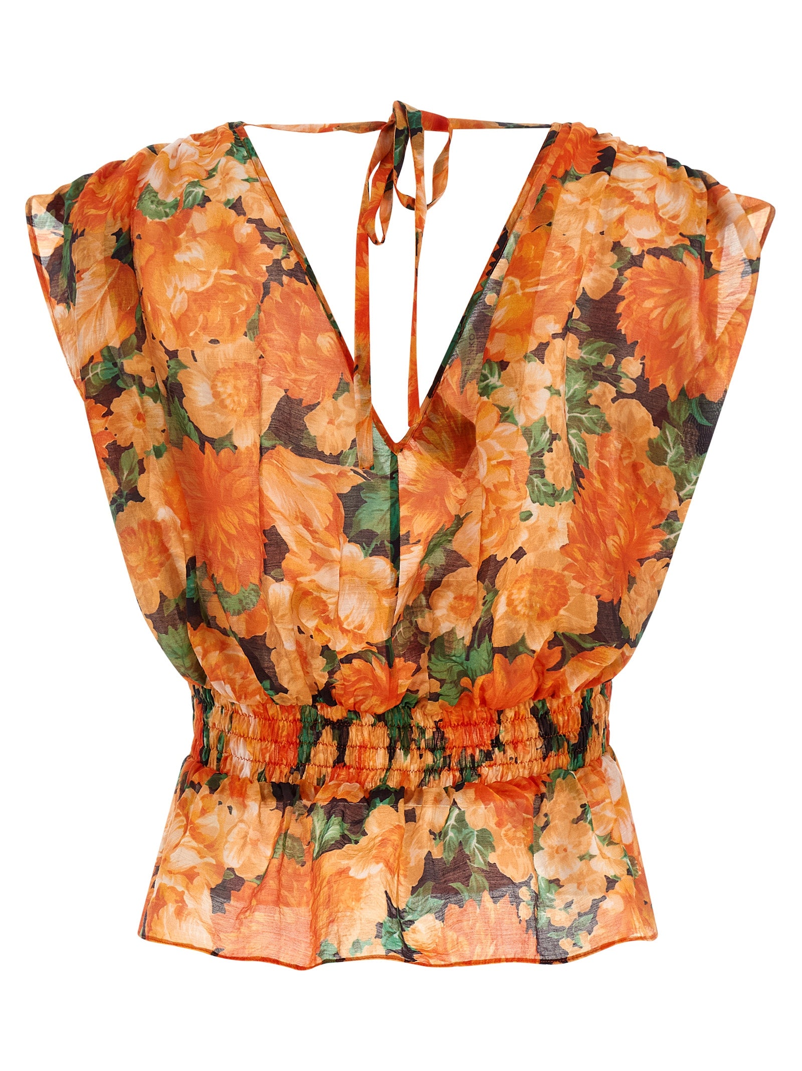 Shirt by PINKO for women in polyamide & lyocell orange, patterned & print showcases a sleek silhouette, elegantly detailed with a sleek v-neck neckline and for a sleek finish.