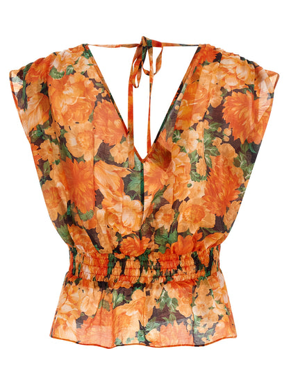 Shirt by PINKO for women in polyamide & lyocell orange, patterned & print showcases a sleek silhouette, elegantly detailed with a sleek v-neck neckline and for a sleek finish.