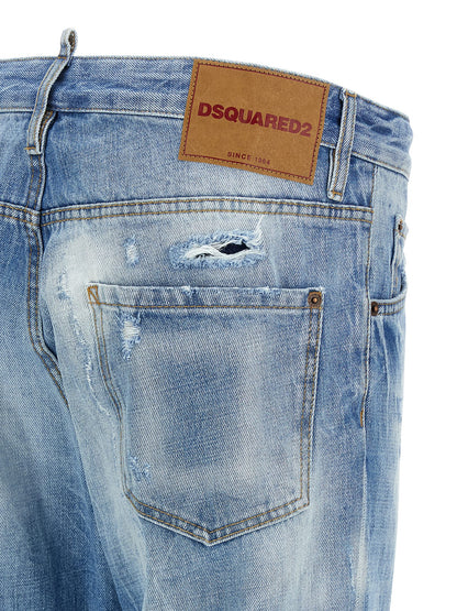 Jeans by Dsquared² for men in cotton denim blue & signature presents a tailored silhouette, showcasing a tailored straight-leg and long cut with a refined low rise for a truly tailored aesthetic.