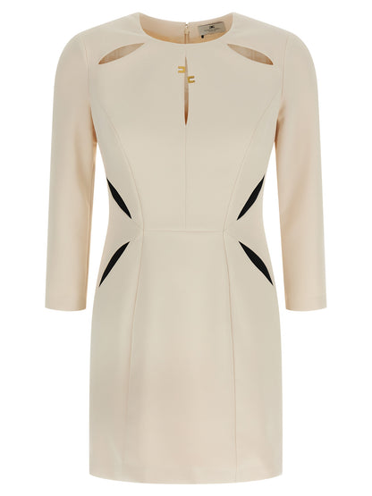Dress by Elisabetta Franchi for women in polyester satin bicolour, black, white & monogram features an sultry silhouette defined by a crew neckline and three-quarter-sleeve, falling to an sultry short mini for a sultry look.
