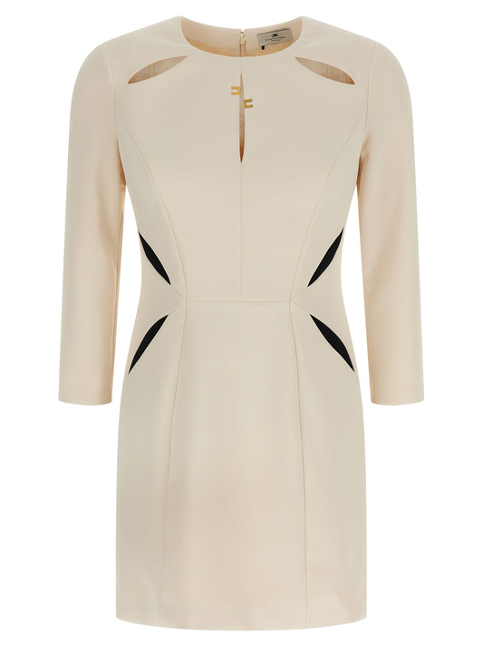 Dress by Elisabetta Franchi for women in polyester satin bicolour, black, white & monogram features an sultry silhouette defined by a crew neckline and three-quarter-sleeve, falling to an sultry short mini for a sultry look.