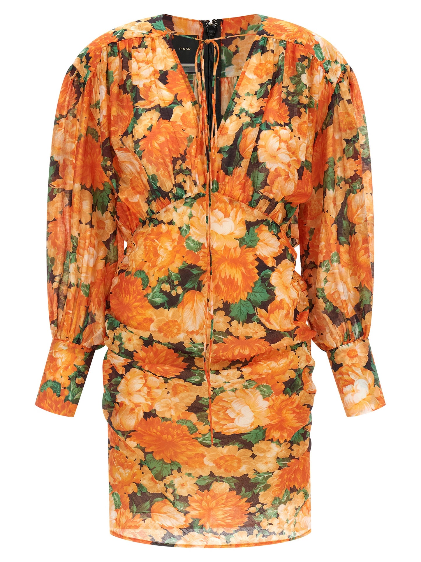 Dress by PINKO for women in polyamide & lyocell orange & print showcases a striking silhouette, elegantly detailed with a , refined v-neck neckline, and a striking short mini for a striking finish.