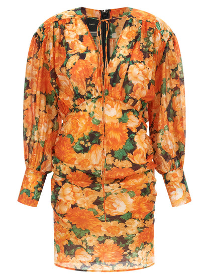 Dress by PINKO for women in polyamide & lyocell orange & print showcases a striking silhouette, elegantly detailed with a , refined v-neck neckline, and a striking short mini for a striking finish.