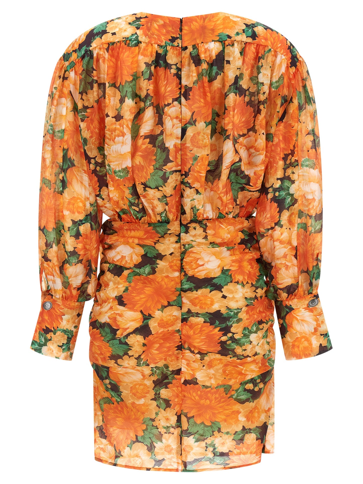 Dress by PINKO for women in polyamide & lyocell orange & print features a dramatic silhouette, showcasing an elegant v-neck neckline and that flows into a dramatic short mini.