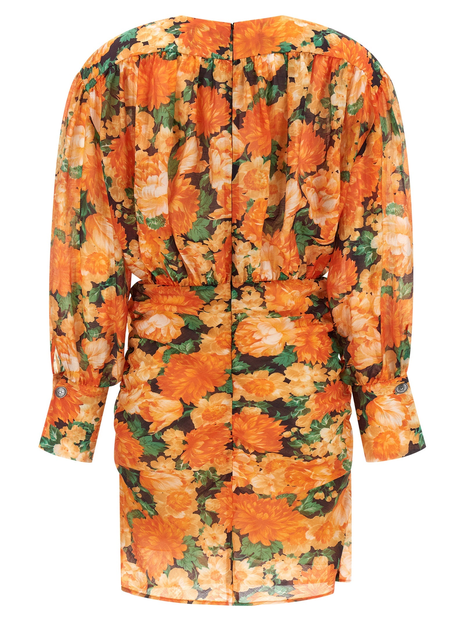 Dress by PINKO for women in polyamide & lyocell orange & print features a dramatic silhouette, showcasing an elegant v-neck neckline and that flows into a dramatic short mini.