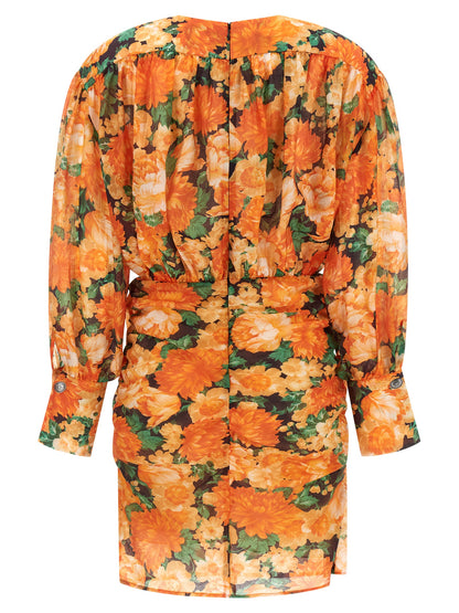 Dress by PINKO for women in polyamide & lyocell orange & print features a dramatic silhouette, showcasing an elegant v-neck neckline and that flows into a dramatic short mini.
