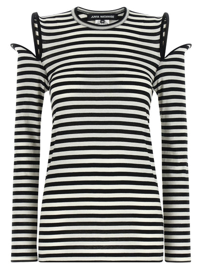T-Shirt by Junya Watanabe for women in cotton bicolour, black, white & striped features an on trend silhouette, perfectly showcasing a on trend long-sleeve and crew neckline for an elevated aesthetic.